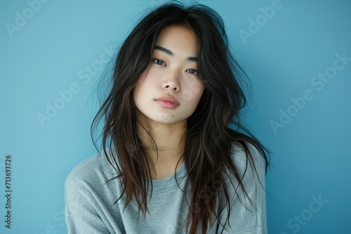 Candid portrait of young Asian woman, genuine expression, blue background
