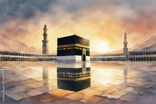 watercolor landscape view of holy kaaba with sunrise