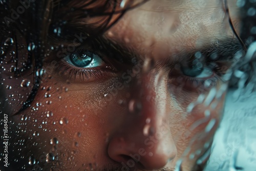 Close-up of male model's eyes as he gazes thoughtfully out of a rain-streaked window