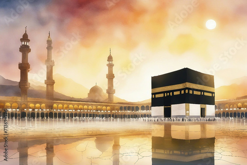 watercolor landscape view of holy kaaba with sunrise photo