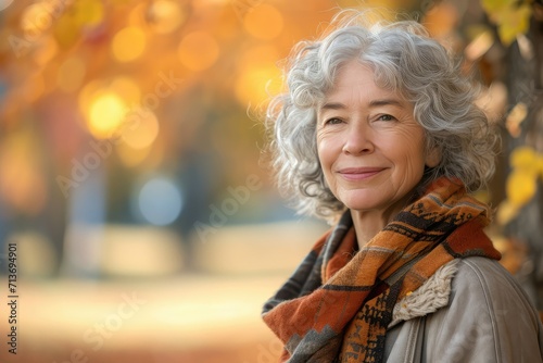 Cute gray-haired senior lady, autumn backdrop, gentle smile