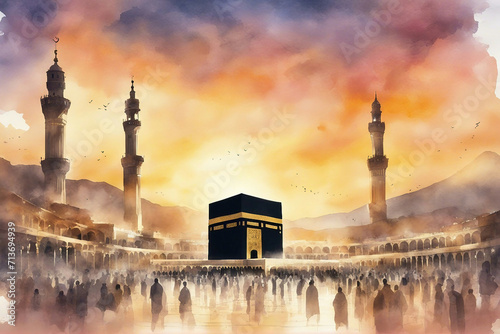watercolor landscape view of holy kaaba with sunrise photo