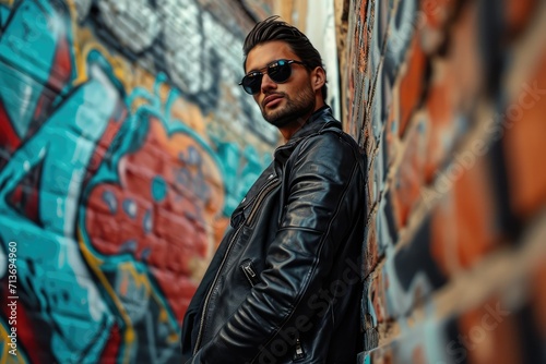 Edgy male model with a leather jacket and sunglasses leaning against a graffiti-covered wall