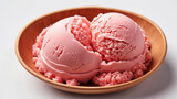 two rounded scoop strawberry ice cream in wooden bowl, top view on white background, photorealistic no cone