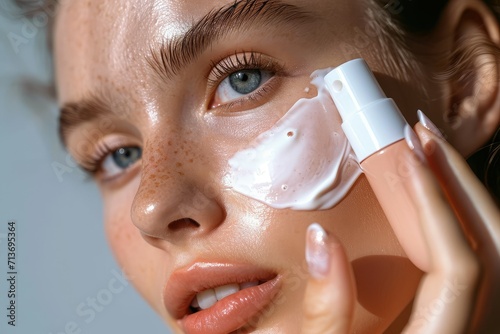 Female model in a close-up, applying moisturizer to her face, emphasizing skincare routine