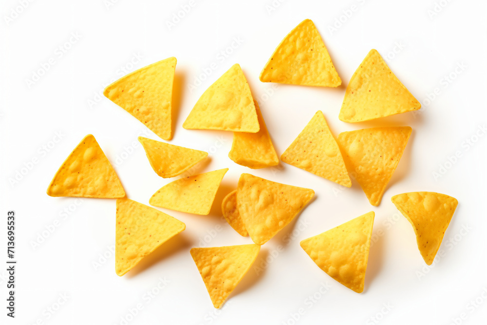 Corn chips of triangular shape levitate on a white background Generative AI Corn chips of triangular shape levitate on a white background Generative AI