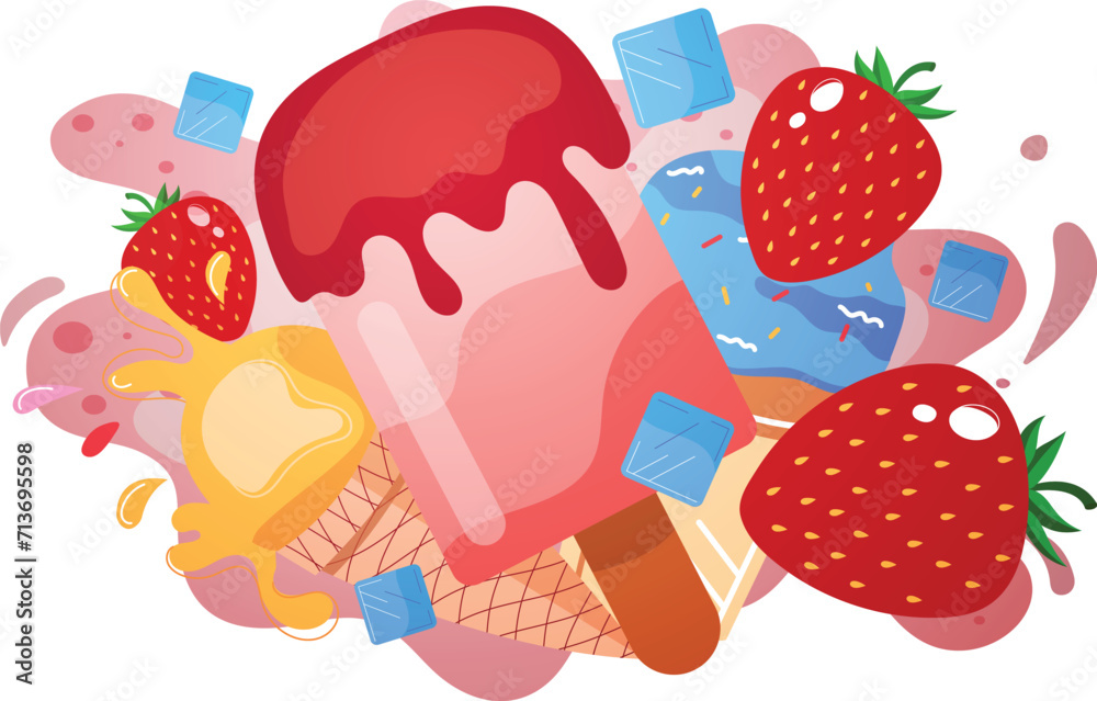Bright colorful popsicles with dripping toppings and strawberries. Summer dessert with ice cubes and fruit, sweet treat concept. Delicious frozen snacks and indulgence vector illustration.