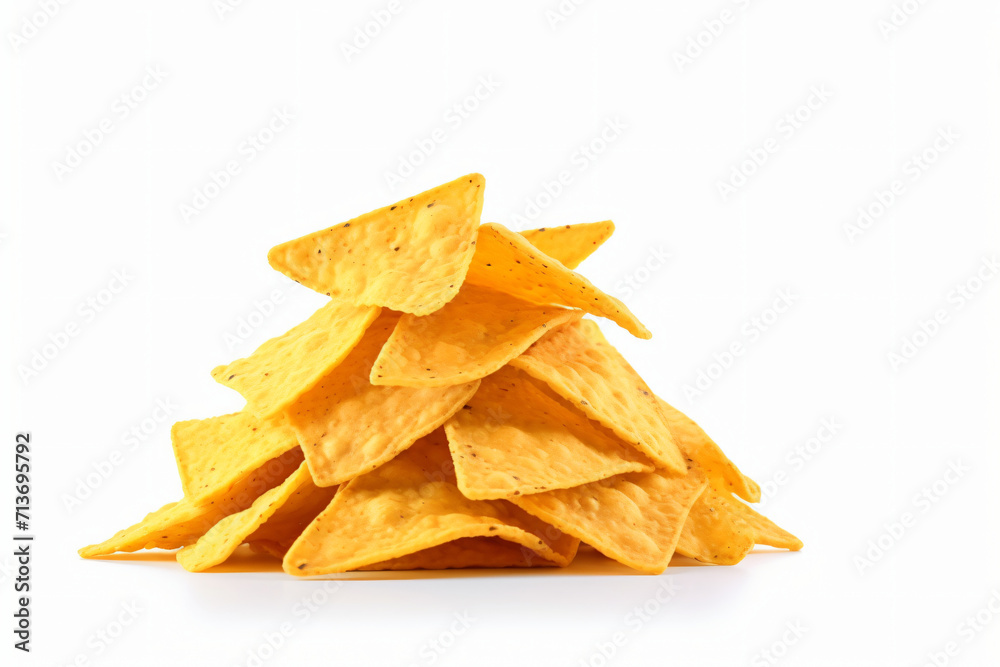 Corn chips of triangular shape levitate on a white background Generative AI Corn chips of triangular shape levitate on a white background Generative AI