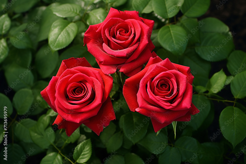 three red roses together on a green background grow in garden three red roses together on a green background grow in garden