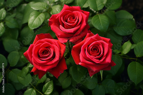 three red roses together on a green background grow in garden