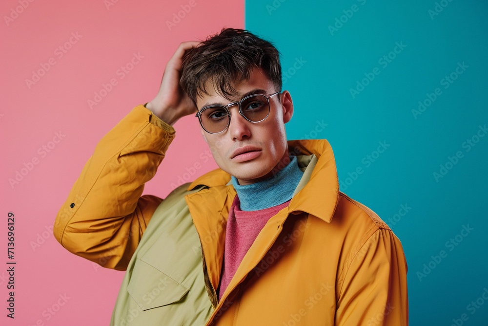 fashion young man giving pose studio colored background fashion young man giving pose studio colored background