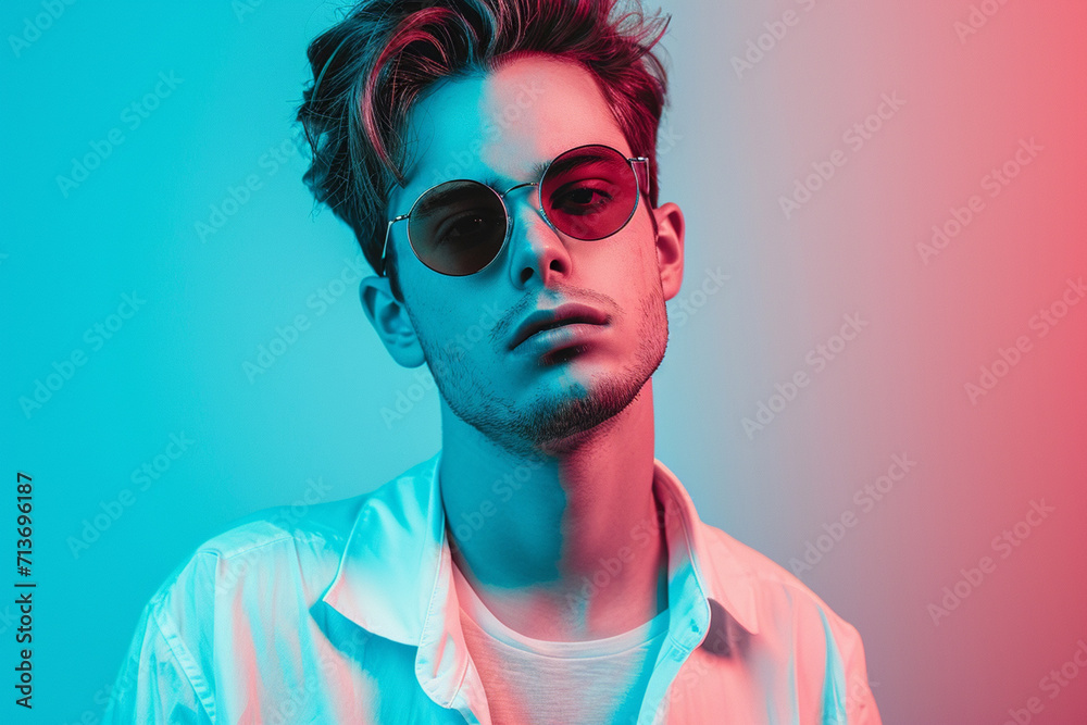 fashion young man giving pose studio colored background fashion young man giving pose studio colored background