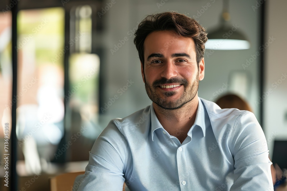 Latin business man in office, smiling and contemplating