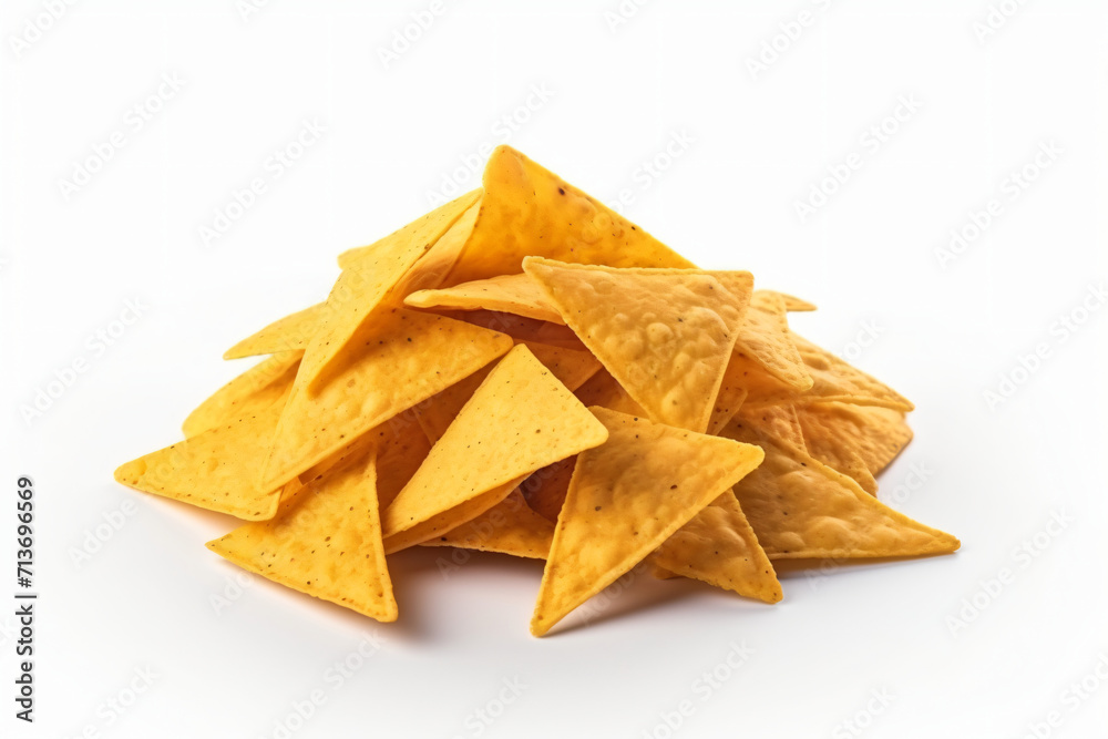 Corn chips of triangular shape levitate on a white background Generative AI Corn chips of triangular shape levitate on a white background Generative AI