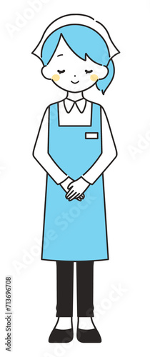 水色｜お辞儀をする三角巾の女性店員｜エプロン