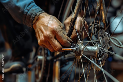 Man's hands in a close-up, repairing a bicycle, showcasing skill and self-sufficiency photo