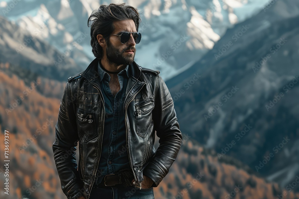 Rugged male model with a leather jacket against a mountain backdrop