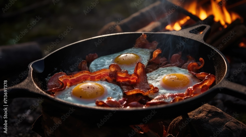 Camping breakfast with bacon and eggs in a cast iron skillet. Fried eggs with bacon in a pan in the forest. Food at the camp. Scrambled eggs with bacon on fire. Picnic, Generative Ai Camping breakfast with bacon and eggs in a cast iron skillet. Fried eggs with bacon in a pan in the forest. Food at the camp. Scrambled eggs with bacon on fire. Picnic, Generative Ai
