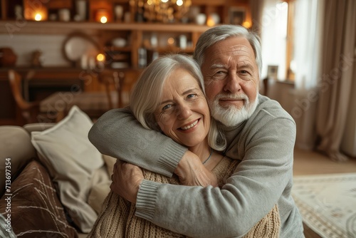 Retired couple in a warm hug, smiling at camera, living room background