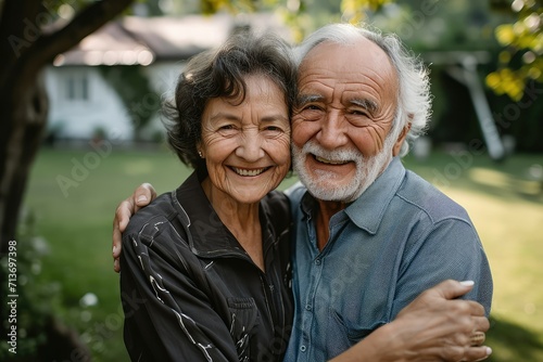 Senior husband and wife, tenderly holding each other, smiling at camera