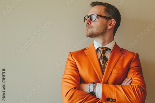 Stylish corporate lawyer in orange, plain beige setting
