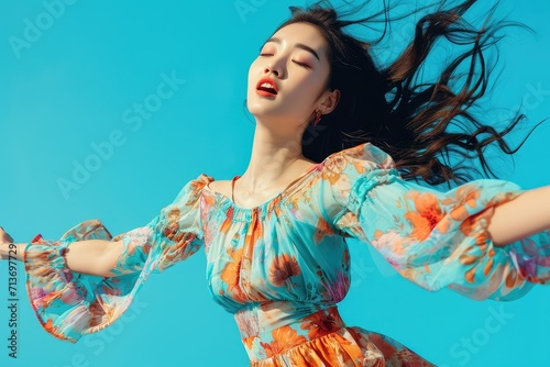 Vibrant Asian model in summer fashion  jumping with a kiss  vibrant blue studio background
