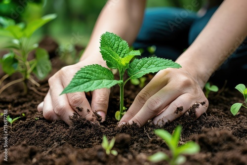 Woman's hands planting a sapling, focus on the soil and roots, symbolizing nurturing and growth