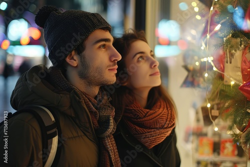 Young couple in a shopping district, engrossed in a storefront showcase