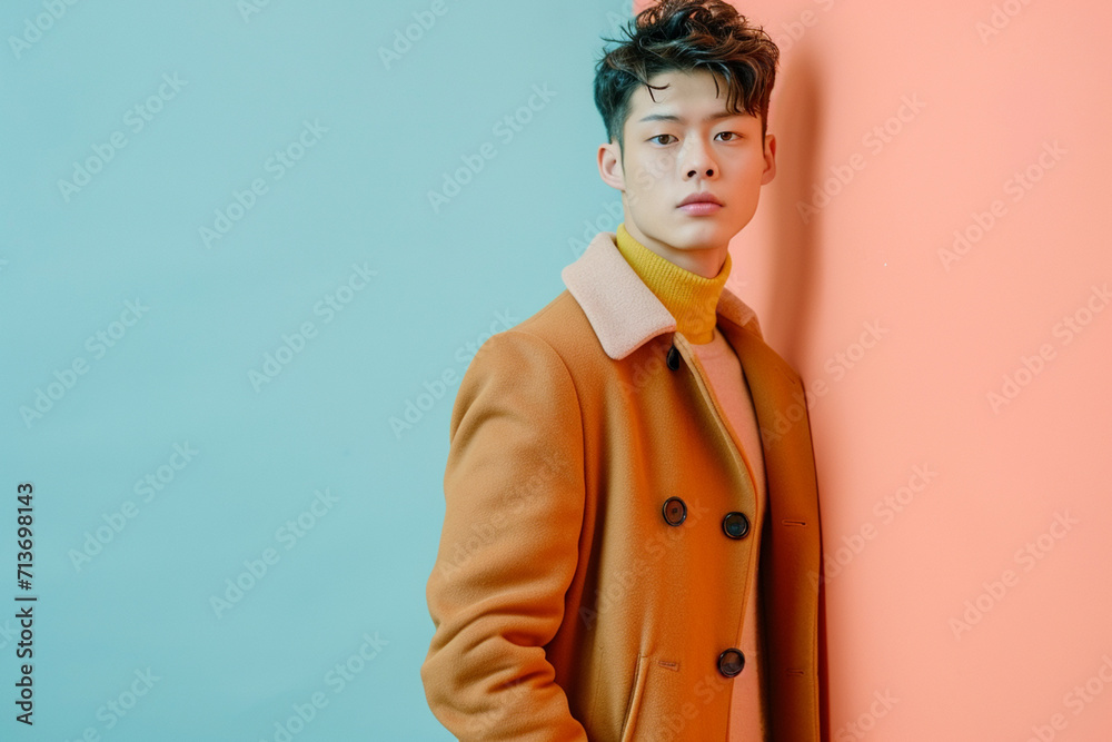 fashion young man giving pose studio colored background fashion young man giving pose studio colored background