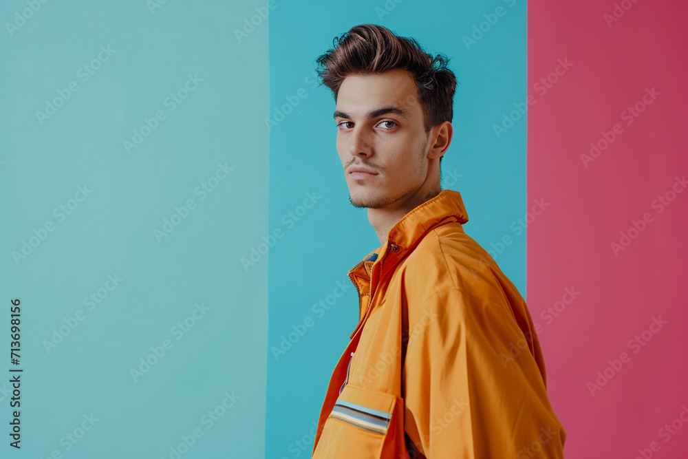 fashion young man giving pose studio colored background fashion young man giving pose studio colored background