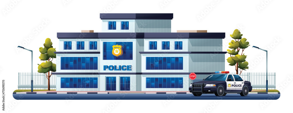 Police station building with patrol car. Police department office. Vector illustration