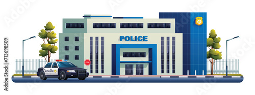 Police station building with patrol car. Police department office. Vector cartoon illustration