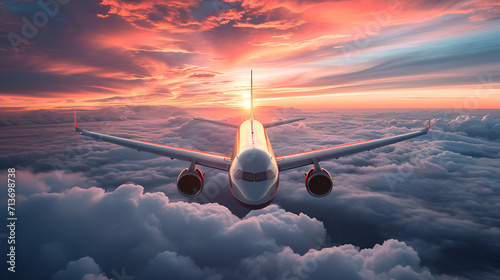 Panorama view of commercial airplane flying above dramatic clouds during sunset.generative ai