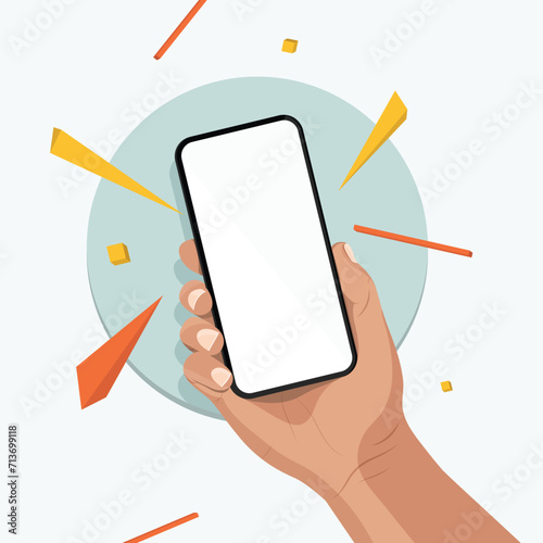 Hand holding mobile and doing online shopping transaction through debit or credit card. with graphics on the background. vector illustration.