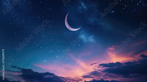 Glowing Moon and Stars- Ramadan Kareem Eid Mubarak Background with Night Sky and Crescent