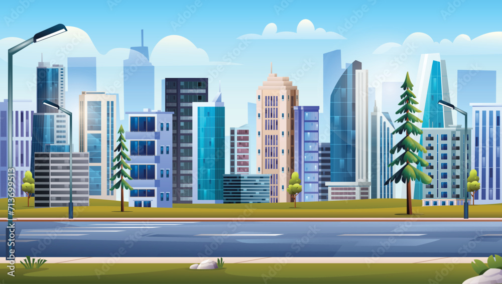Obraz premium Empty highway with park and skyscraper buildings. Urban city landscape background vector illustration