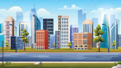 Highway with park and high modern buildings. Urban city landscape background vector illustration