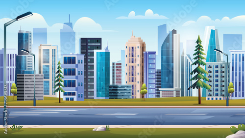 Empty highway with park and skyscraper buildings. Urban city landscape background vector illustration