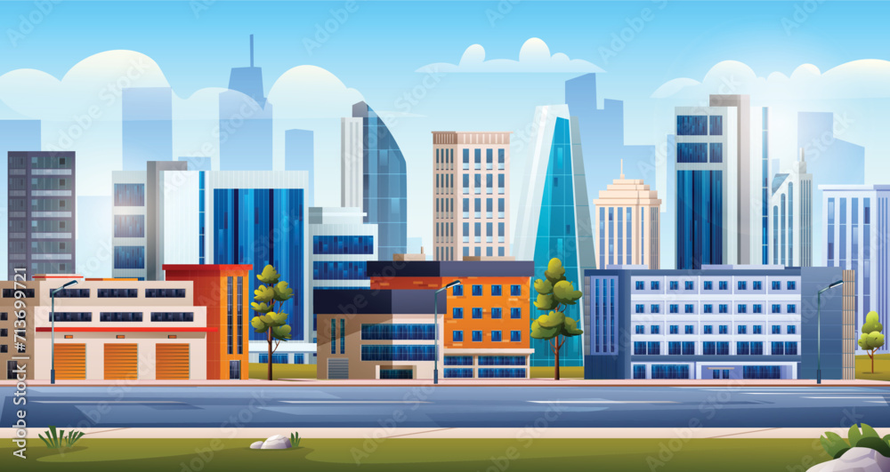 Cityscape panoramic with skyscraper buildings and road. Urban city landscape background vector illustration