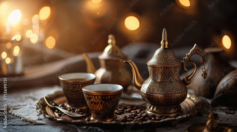 Fototapeta premium Traditional Arabic Coffee- Ramadan Kareem Eid Mubarak Background with Turkish Coffee Cups and Dallah Pot
