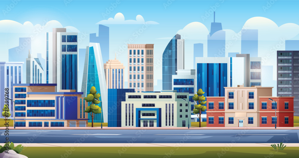 Cityscape panoramic with skyscraper buildings, park and road. Urban city landscape background vector illustration Cityscape panoramic with skyscraper buildings, park and road. Urban city landscape background vector illustration