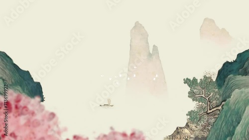 animation of a small boat sailing in river in spring while birds flying above