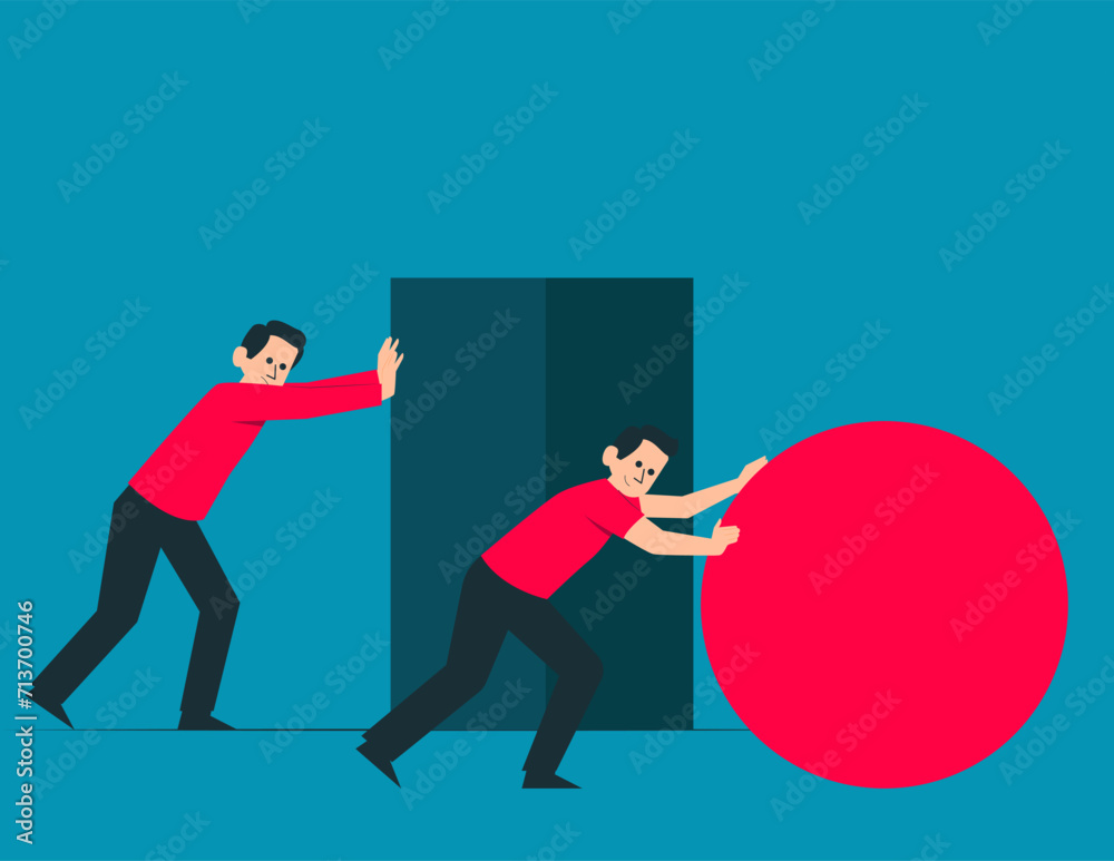 Person pushing a sphere leading the race against. Vector strategy concept Person pushing a sphere leading the race against. Vector strategy concept
