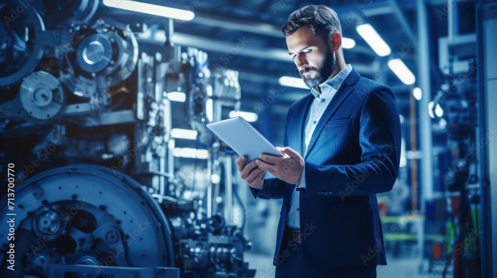 A Industry engineer in factory using digital tablet with automated robot arm machine learning operation infographic system control monitoring on a blue background.