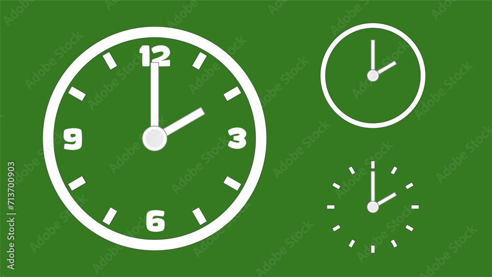 Clock icon, minimal style. arrow show number. on the christmas green background Clock icon, minimal style. arrow show number. on the christmas green background