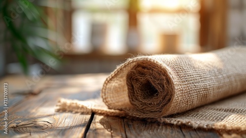 Rustic burlap fabric roll on a wooden table with natural backlighting photo