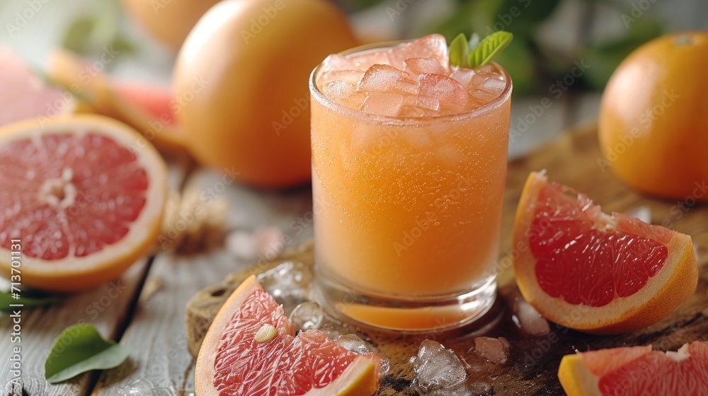 Refreshing grapefruit juice with ice in a glass among fresh citrus fruits. Refreshing grapefruit juice with ice in a glass among fresh citrus fruits.
