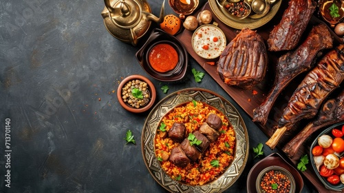 Traditional Islamic Feast- Eid Al Adha Mubarak Background with Delicious Meat and Festive Decorations