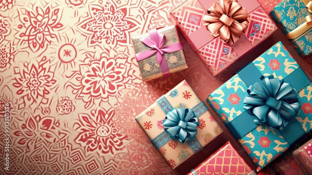 Traditional Eid Gifts- Eid Al Adha Mubarak Background with Wrapped Presents and Islamic Patterns Traditional Eid Gifts- Eid Al Adha Mubarak Background with Wrapped Presents and Islamic Patterns