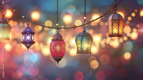 Eid Al Adha Decorations- Mubarak Background with Colorful Lanterns and Festive Lights